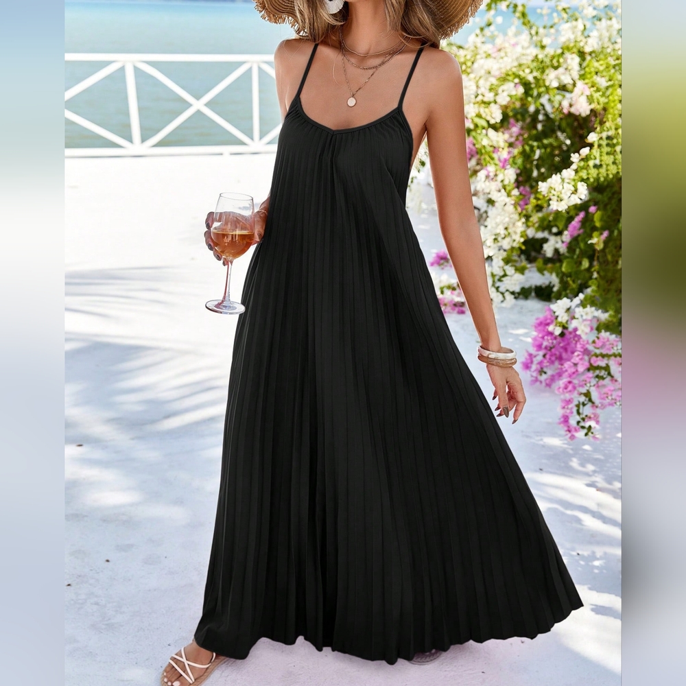 COPY - Women'S Monochrome Pleated Strap Dress Flowy Dress - Picture 5 of 5